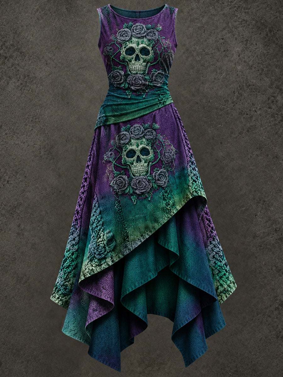 Retro Art Printed Vintage Sleeveless Irregularly Layered Stitched Midi Dress